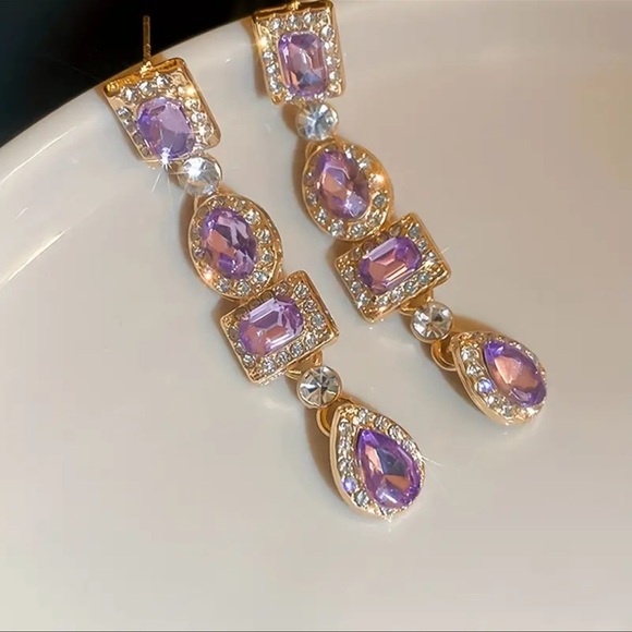 Purple Amethyst and Gold Dangle Drop Geometric Earrings NWT New - Picture 3 of 9